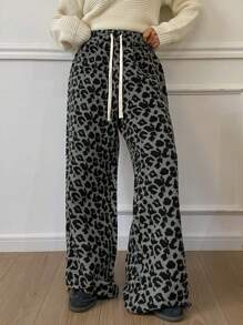 DAZY Pantalones sueltos con cintura con cordón y forro térmico con estampado de leopardo/guepardo, ropa de otoño para mujer
