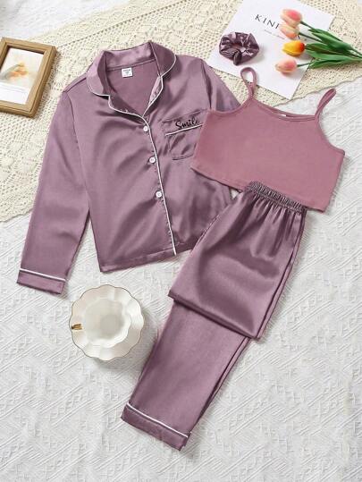 Tween Girls' Comfortable Long Sleeve Long Pants 3pcs Home Outfit Set With Pocket Embroidery