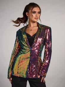 SHEIN BAE 女士撞色亮片装饰长袖西装外套，优雅适合秋季、圣诞派对、新年夜、感恩节等商务休闲场合。 - 彩色 - 查看 3