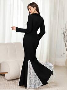 Modelyn Robe longue de soirée élégante pour femmes avec panneau en dentelle, col mandarin et manches longues, style sirène