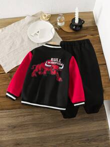 Bộ 2 quần áo bóng chày và quần nỉ in logo bò tót trẻ em màu tương phản, thu/đông - màu đen - Xem 2