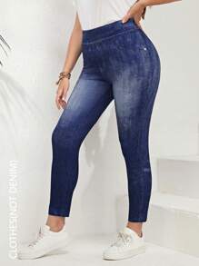 EMERY ROSE Plus Size All-Over Print Elastic Waist Fitted Casual Leggings - Navy Blue - View 1