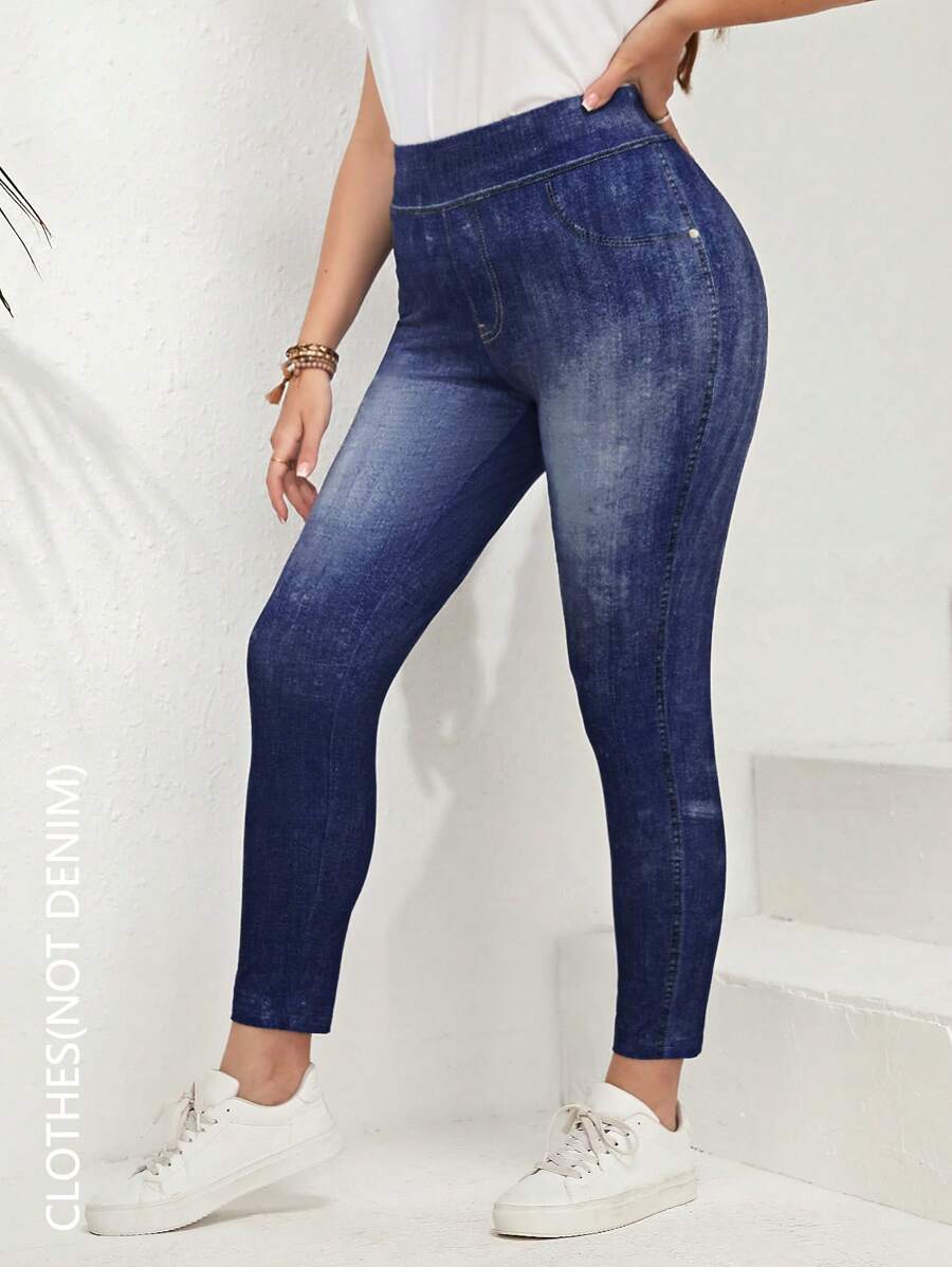 EMERY ROSE Plus Size All-Over Print Elastic Waist Fitted Casual Leggings - Navy Blue - View 1