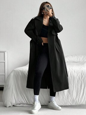 SHEIN EZwear 1 pièce Manteau trench femme à boutons devant avec ceinture, en couleur unie, taille longue, pour l'automne/l'hiver