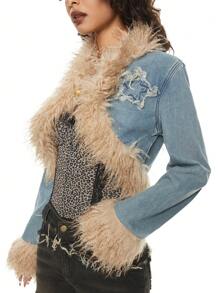 ROMWE Grunge Punk Vintage Millennium Star Patch Frayed Hem Cropped Women Denim Jacket - Blue - View 4
