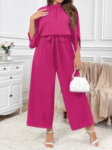 SHEIN Privé Plus Size Summer Casual Solid Color Loose Waist Harem Jumpsuit - Hot Pink - View 3