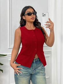 SHEIN EZwear 大码休闲纯色轻便背心，初秋 - 紅色 - 查看 4