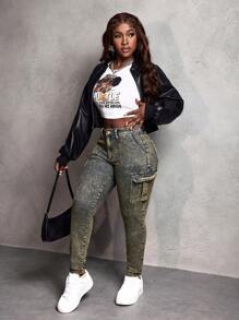 Slaydiva Jeans casuales skinny con bolsillos utilitarios para mujer - Mostaza Amarilla - Ver 7