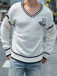 Chillumni Men's Casual Colorblock Striped Cartoon Pattern Sweater For Spring & Autumn - Khaki - View 3
