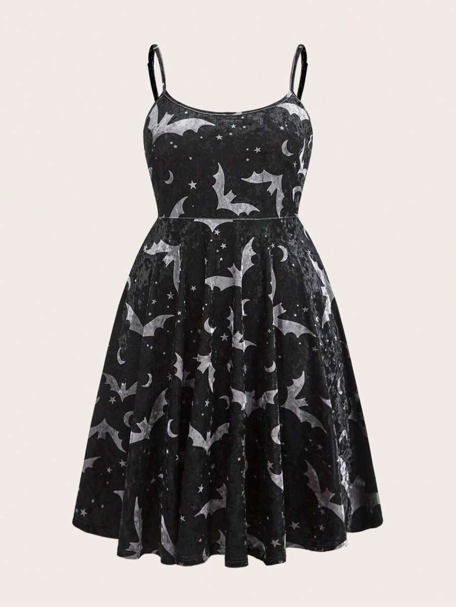 CovetEZ Plus Size Vintage Velvet Bat Swing Slip Dress, Halloween - Black - View 1