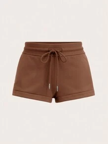 SHEIN BASICS Women's Comfortable Low Waist Sports Shorts With Slit, Casual Home Wear, Summer - Khaki - View 6