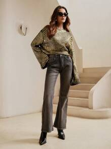 Anewsta 黑色针织套头衫，渐变银箔图案，适合秋冬季节和圣诞节穿着。 - 金色 - 查看 6