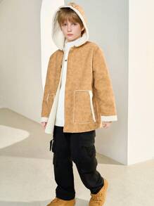 Tween Boy Cute Ear Decor Thickened Faux Suede Jacket - Brown - View 3