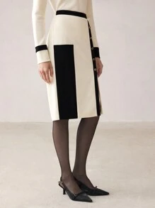 BizChic White Color Block Knit Skirt, Suitable For Christmas, New Year Party, Autumn/Winter Wear - Apricot - View 3
