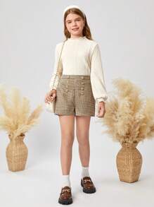 SHEIN Leap Crew Tween Girl Mock Neck Lettuce Trim Flare Sleeve Tee - Beige - View 9