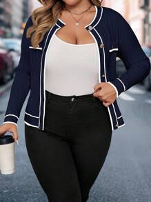 SHEIN Clasi Plus Size Women's Elegant Colorblock Ribbed Trim Crew Neck Button Cardigan For Autumn, For Winter - Navy Blue - View 4