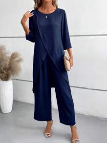EMERY ROSE Women 2pcs Set - Solid Color Wrap Hem Casual 3/4 Sleeve Blouse & Elastic Waist Long Pants, Autumn