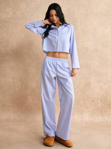 Poéselle 2pcs Women Casual Striped Long Sleeve Top And Full Length Pants Set, Autumn - Blue - View 1
