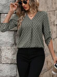 SHEIN LUNE 女士 V 领短袖全印花休闲衬衫