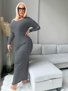SHEIN SXY Robe ajustée à encolure ras-du-cou à manches longues, grande taille, casual, automne/hiver