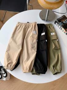 SHEIN 3 件套青少年男童休闲工装裤，带口袋，包括黑色、卡其色和军绿色，适合秋季、冬季、保暖、大学、家居、日常穿着、运动、生日派对、郊游、基本款和百搭款、简约而毛绒 - 彩色 - 查看 1