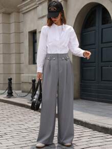 Aveloria Women's Autumn/Winter Business Casual Pleated High Waist Wide Leg Suit Pants - Grey - View 5