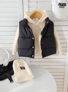 SHEIN 3 件套男婴休闲保暖背心夹克、连帽运动衫和裤子套装，适合秋冬季 - 杏色 - 查看 5