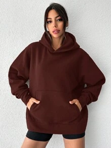 EURMUSE Women's Solid Color Drop Shoulder Long Sleeve Pocket Loose Casual Hoodie - Brown - View 5