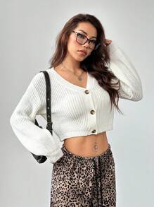 SHEIN PETITE White Lantern Sleeve Button Front Rib Knit Cardigan,Off The Shoulder Sweater In Fall/Winter - White - View 7