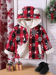 Young Girl Snowflake Plaid Print Button Up Hooded Padded Coat, Casual Daily Wear For Autumn/Winter - Multicolor - View 2