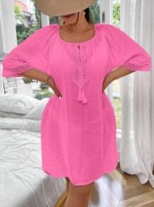 Swim Lushoire Plus Size Solid Color Drawstring Loose Comfortable Cover Up Summer - Pink - View 5