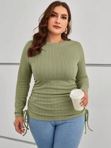 SHEIN Essnce Plus Size Solid Color Round Neck Two Side Ruched Drawstring Long Sleeve T-Shirt