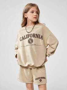 SHEIN 2 件套 Tween Girl 休闲字母印花杏色连帽衫和短裤套装，适合秋季 - 杏色 - 查看 6