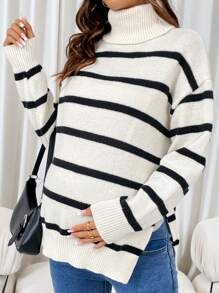SHEIN Áo len bà bầu hở vai cổ cao sọc đen và mơ, cho mùa đông - Đen và trắng - Xem 5