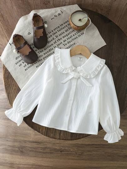 SHEIN LMoss Kids Young Girls Plain Color Peter Pan Collar Loose Casual Blouse