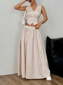 Flirla Women's Simple Solid Color Front Button Waistcoat And Skirt Suit Set, Casual For Summer - Apricot - View 1
