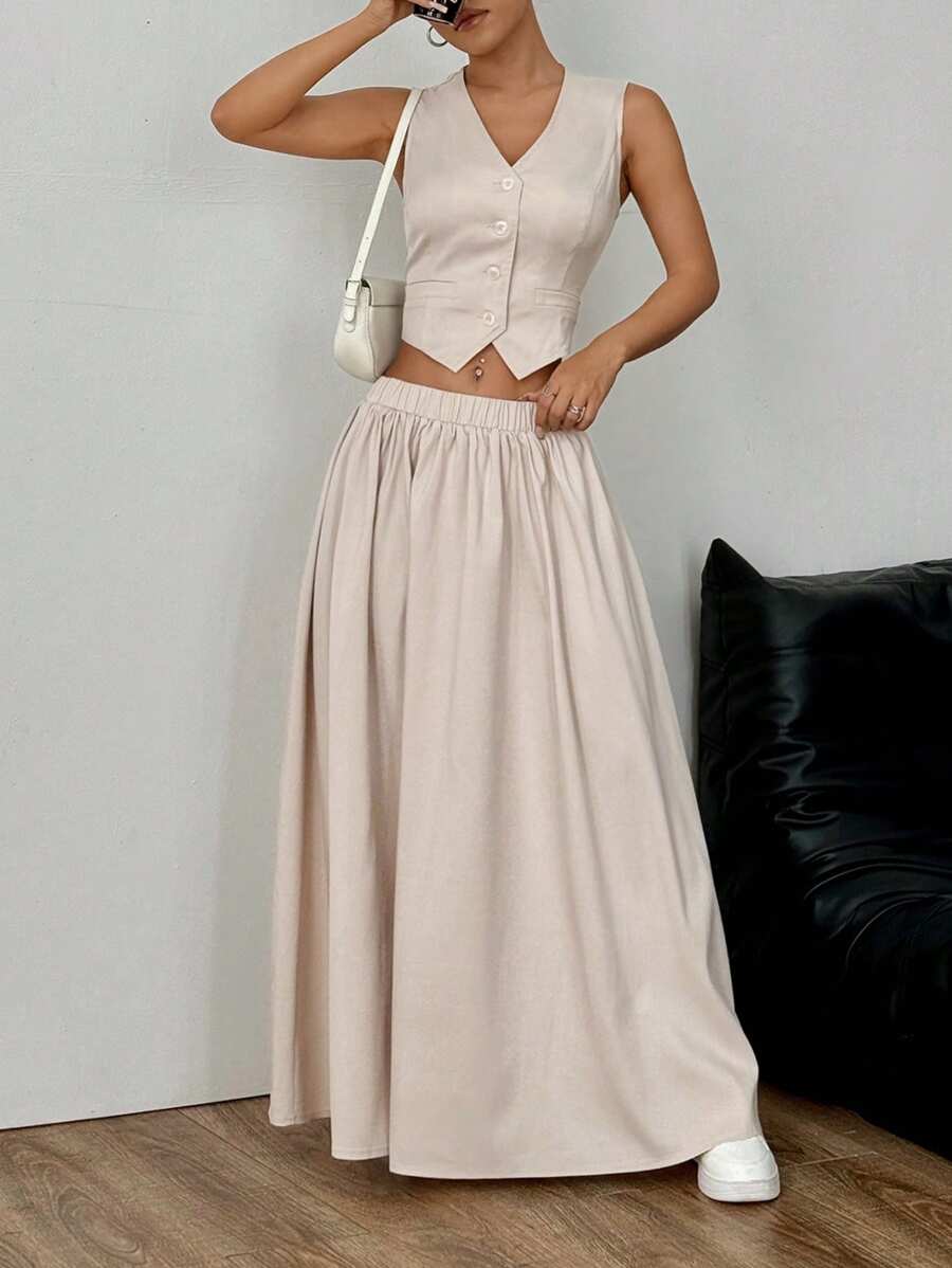Flirla Women's Simple Solid Color Front Button Waistcoat And Skirt Suit Set, Casual For Summer - Apricot - View 1