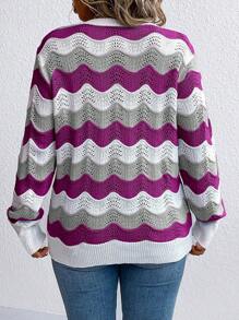 Plus Size Women Wavy Stripe V-Neck Long Sleeve Casual Sweater, Autumn, For Winter Knit Pullover Fall Sweater - Multicolor - View 2