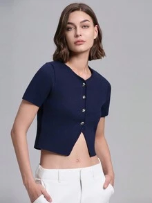 Cárdigan corto ajustado de mujer de un solo botonadura, de manga corta y color liso, informal - Azul - Ver 4