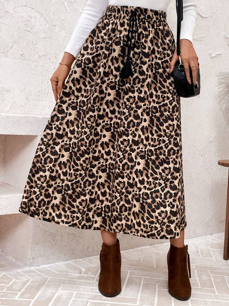 Women Tie Front Fringe Detail Leopard Print A-Line Casual Skirt