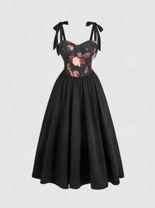 SHEIN MOD Váy dây mảnh in họa tiết phía trước màu đen cỡ lớn cho nữ - màu đen - Xem 1