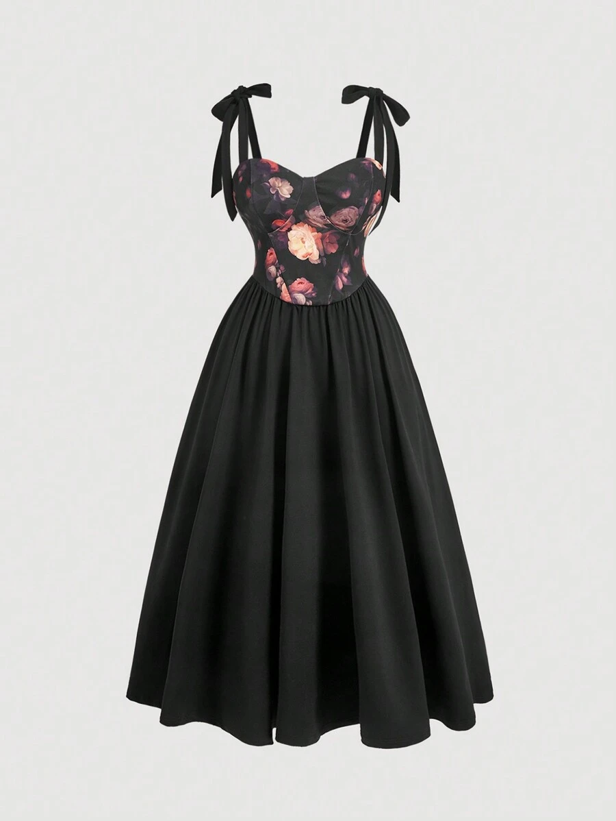 SHEIN MOD Váy dây mảnh in họa tiết phía trước màu đen cỡ lớn cho nữ - màu đen - Xem 1