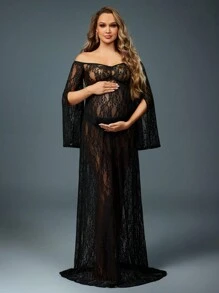 SHEIN 长袖黑色蕾丝孕妇装，适合孕妇拍照