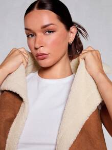 Glamine Charming Christmas One Piece Women's Spliced ​​Suede Contrast Color Sleeveless Double-Breasted Large Lapel Brown Casual Jacket Suitable For Outing Street Fashion Women's Winter Overcoat Festival Workplace Office - Brown - View 5