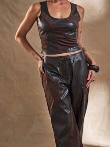 MUSERA PU Lace Up Trousers Y2k Summer Chic Elegant - Chocolate Brown - View 5