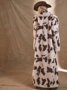 MUSERA WESTERN Fluffy Cow Print Longline Faux Fur Coat Festival Rave Crazy Holiday Western Cowgirl , Winter, Back To School - Multicolor - View 4