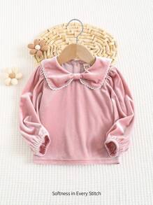 Cozy Pixies Baby Girl Casual Versatile Ruffle Collar Lantern Sleeve Pullover Top - Dusty Pink - View 1