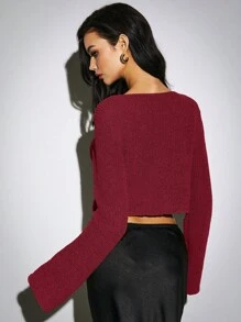 Poéselle 女士休闲纯色前扣喇叭袖开衫，秋季 - 玫瑰紅 - 查看 6