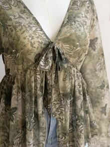 Soleia 大码复古度假风女装，复古绿色花卉印花针织网纱开襟收腰喇叭袖上衣，秋冬女装，感恩节女装，外出上衣，万圣节女装，秋季曲线款，返校节上衣，圣诞节女装，演唱会女装，嬉皮风，公主风女装，圣诞节女装上衣，外出上衣，秋季曲线款，墨西哥风女装上衣，长袖女式衬衫，长袖网纱上衣，女神装扮 - 彩色 - 查看 8