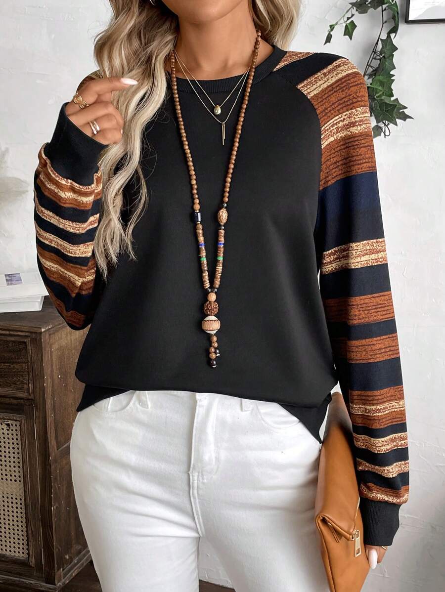 EMERY ROSE Women Casual Striped Splice Raglan Sleeve Sweatshirt, Autumn - Black - View 1